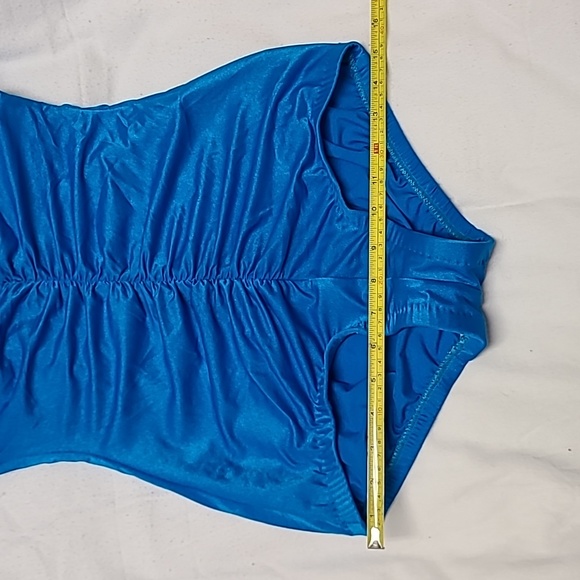 1980s Maxine of Hollywood Turquoise Blue One Piece Ruched Swimsuit Sz 14 - Picture 12 of 13